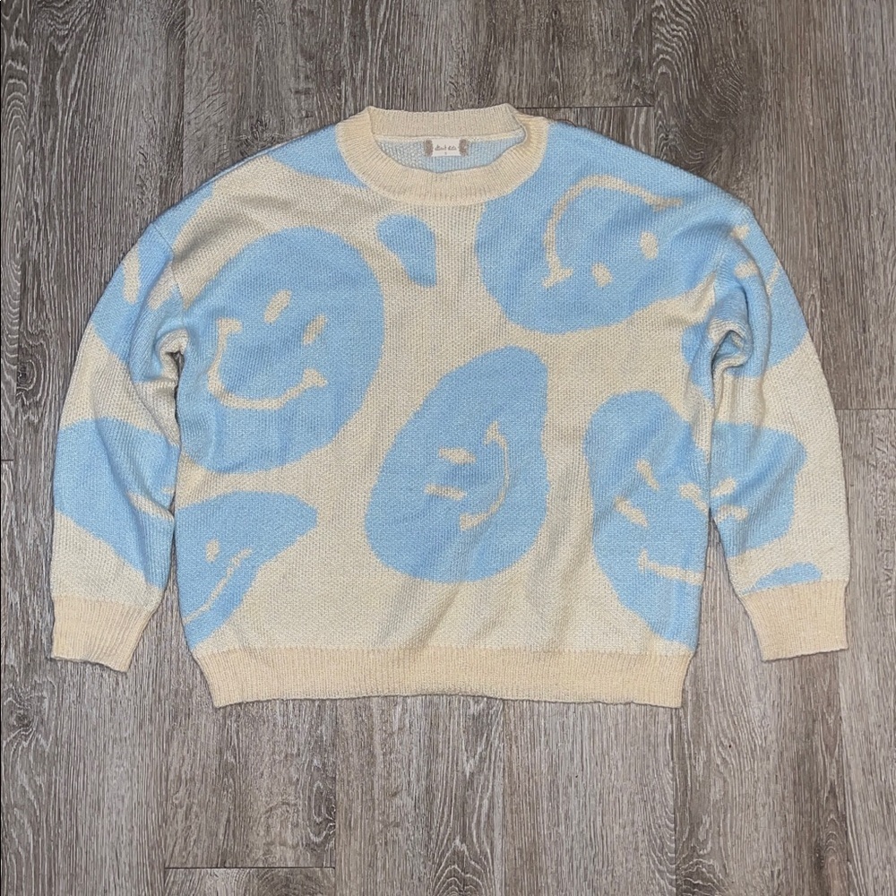 Altar'd State Blue and Cream Smiley Sweater oversized pullover small crew neck